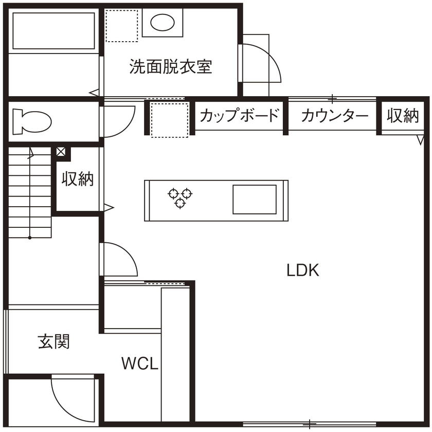 クライツ 【滋賀県大津市／2400万円】スタイリッシュな直線的デザインと木のぬくもり。収納・動線の工夫ですっきりとの間取り図（3LDK+納戸+WIC）1階