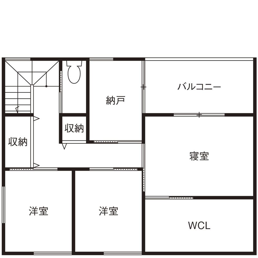 クライツ 【滋賀県大津市／2400万円】スタイリッシュな直線的デザインと木のぬくもり。収納・動線の工夫ですっきりとの間取り図（3LDK+納戸+WIC）2階