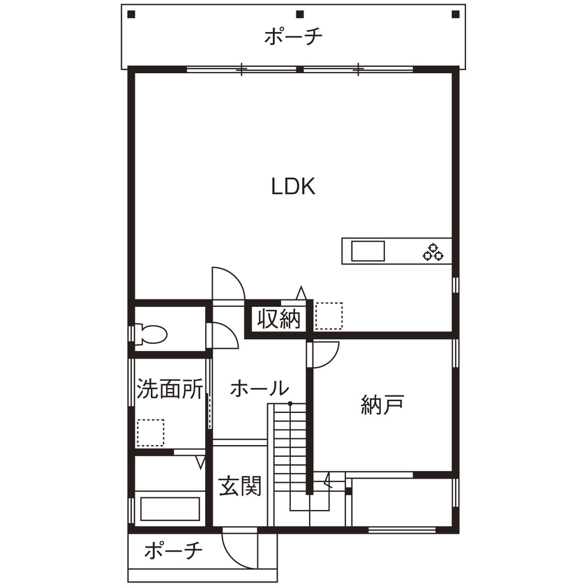 クライツ 【滋賀県大津市／3300万円】表情豊かな塗り壁と木の質感に癒される。メリハリのある空間設計で広々と暮らすの間取り図（3LDK＋WIC＋納戸）1階
