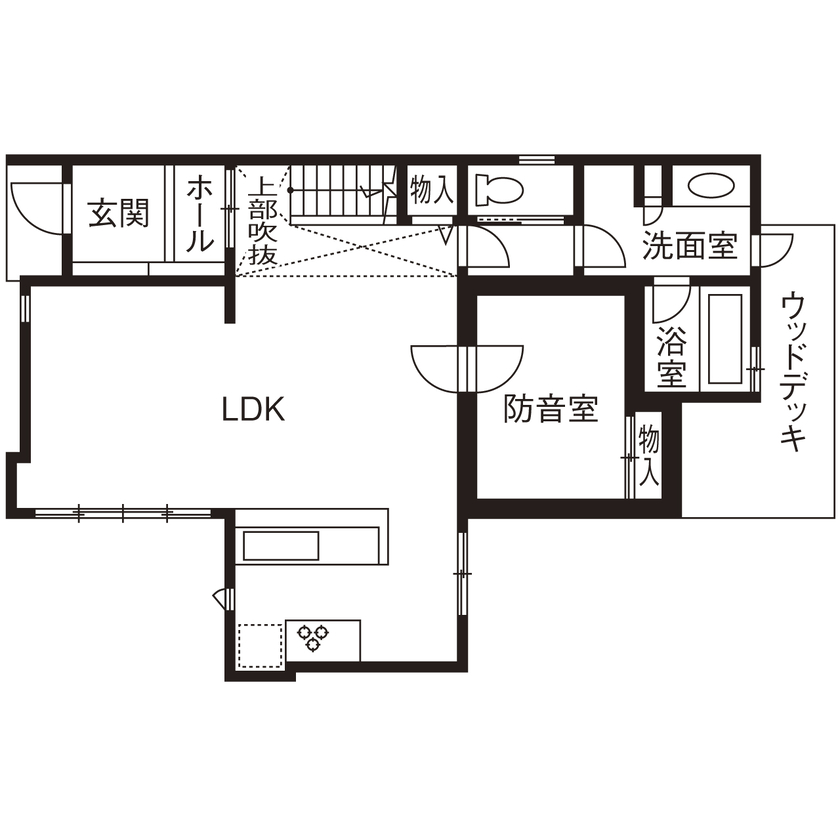 野村工務店 モダンなデザインと生活しやすい機能性を両立。音楽や映像を楽しむ防音室のある家の間取り図（4LDK（防音室含む））1階