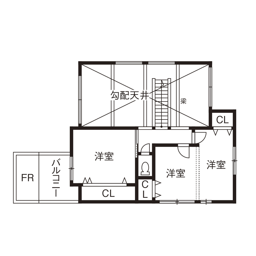 野村工務店 勾配天井のLDKと2つのデッキがつながる圧倒的な大空間。ホームパーティが楽しめる家の間取り図（3LDK+2デッキ）2階
