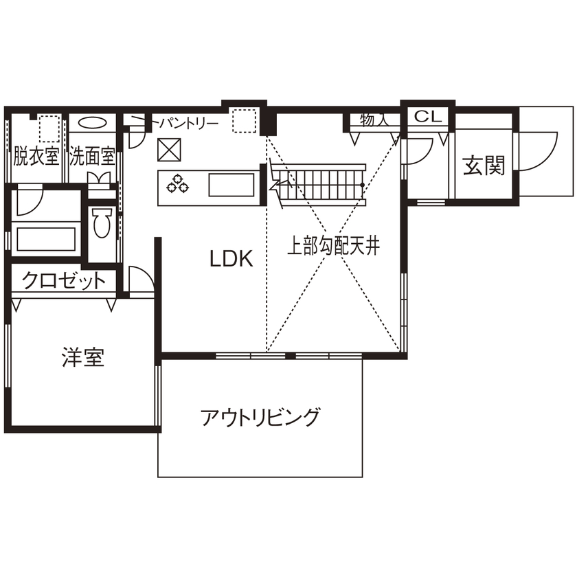 野村工務店 平屋風の風格ある外観と、ワンフロア完結の間取り。プライベート感のある大空間LDKの間取り図（3LDK+デッキ）1階
