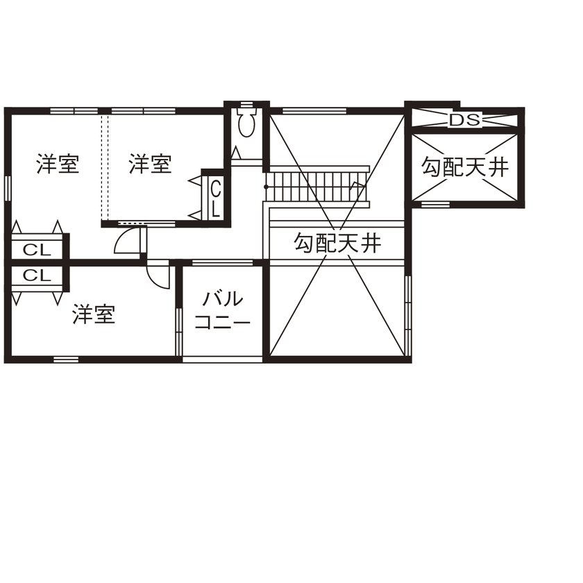 野村工務店 平屋風の風格ある外観と、ワンフロア完結の間取り。プライベート感のある大空間LDKの間取り図（3LDK+デッキ）2階