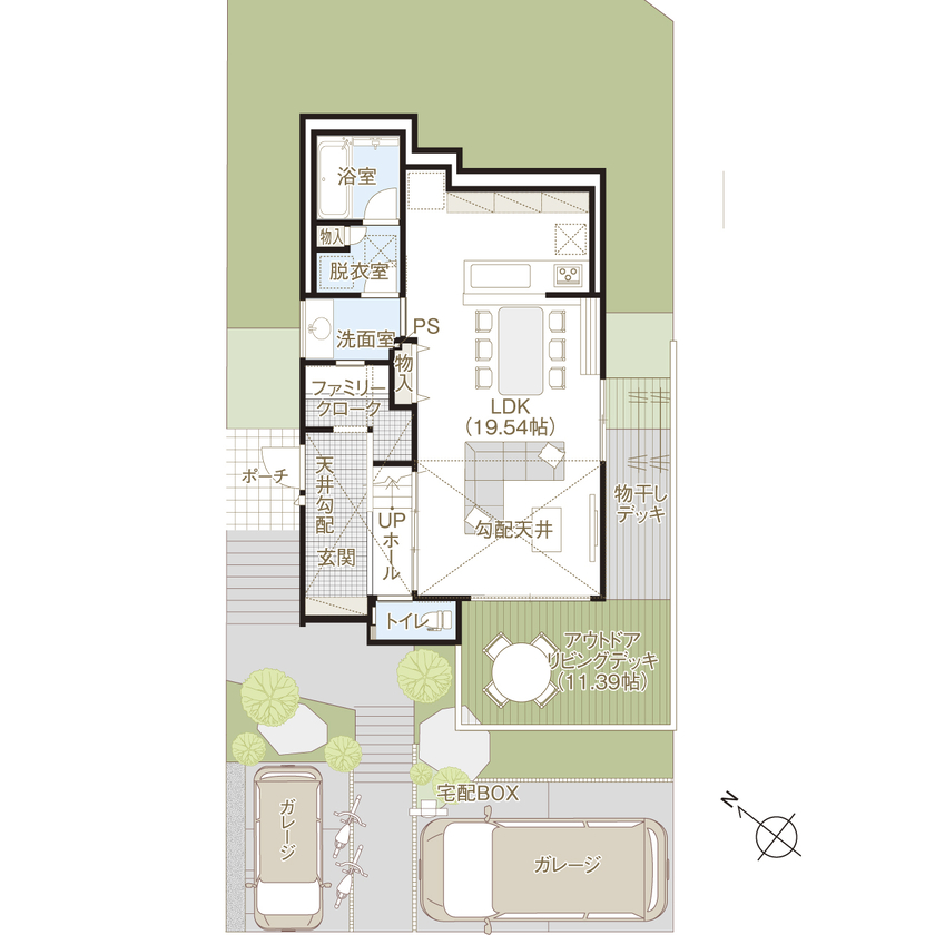 野村工務店 吹抜けのLDK+アウトドアリビングデッキで30畳を超える大空間。高台の開放感を満喫する家の間取り図（3LDK+WIC+デッキ）1階