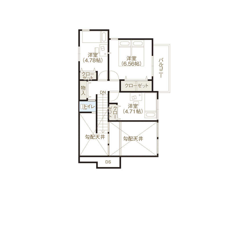 野村工務店 吹抜けのLDK+アウトドアリビングデッキで30畳を超える大空間。高台の開放感を満喫する家の間取り図（3LDK+WIC+デッキ）2階