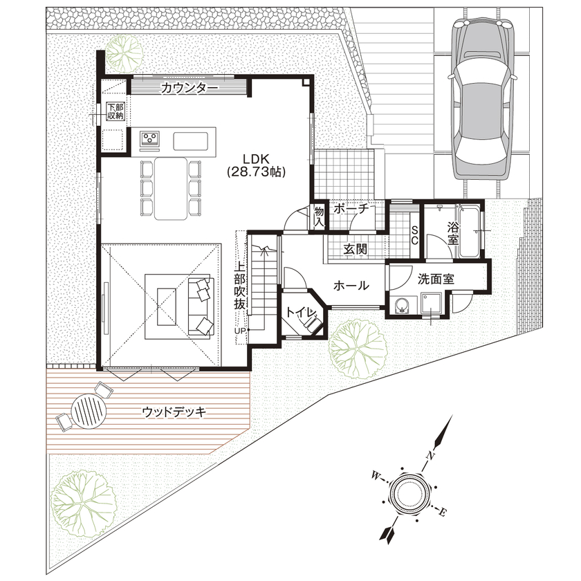 野村工務店 大好きなインテリアに囲まれた約28畳のLDKで、子どもや愛犬と過ごす豊かな家時間の間取り図（3LDK+書斎+WIC）1階