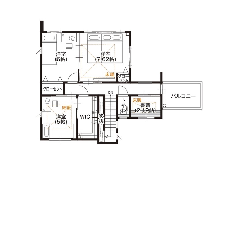 野村工務店 大好きなインテリアに囲まれた約28畳のLDKで、子どもや愛犬と過ごす豊かな家時間の間取り図（3LDK+書斎+WIC）2階