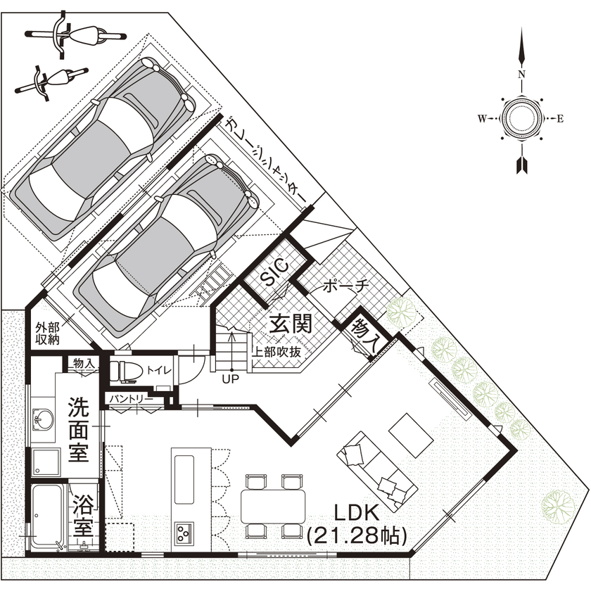 野村工務店 ホームベース型の土地に建つ山小屋風の家。木やしっくいのぬくもりに溢れたLDKに、家族が自然と集まるの間取り図（3LDK+書斎+WIC+SIC）1階