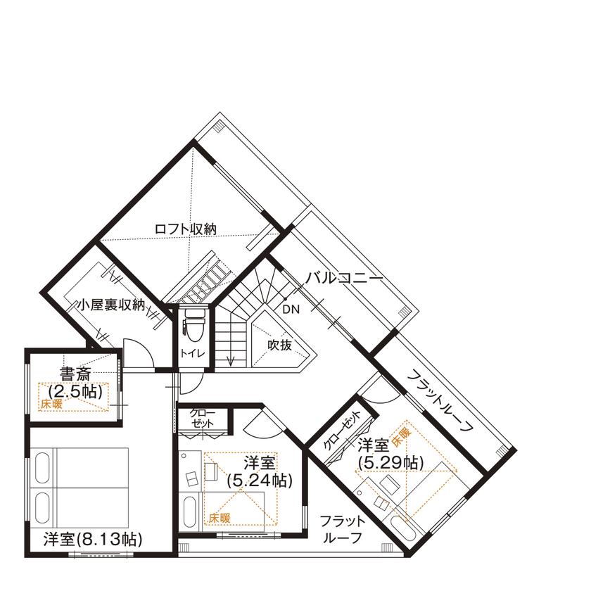野村工務店 ホームベース型の土地に建つ山小屋風の家。木やしっくいのぬくもりに溢れたLDKに、家族が自然と集まるの間取り図（3LDK+書斎+WIC+SIC）2階