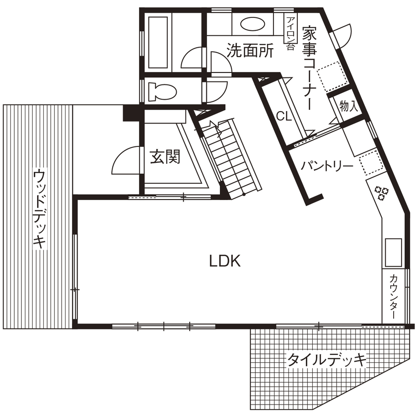 野村工務店 日常を非日常に。豊かな木々に囲まれ、プライベート感あふれる別荘のような家でゆったりリラックスの間取り図（4LDK+2デッキ）1階