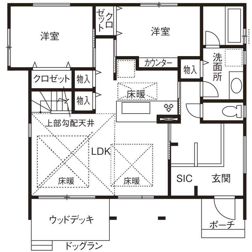 野村工務店 平屋感覚の住み心地で今も将来も安心！キャンプ好きのご家族が愛犬と暮らす、ドッグランのある家の間取り図（2LDK+FreeRoom+小屋裏）1階