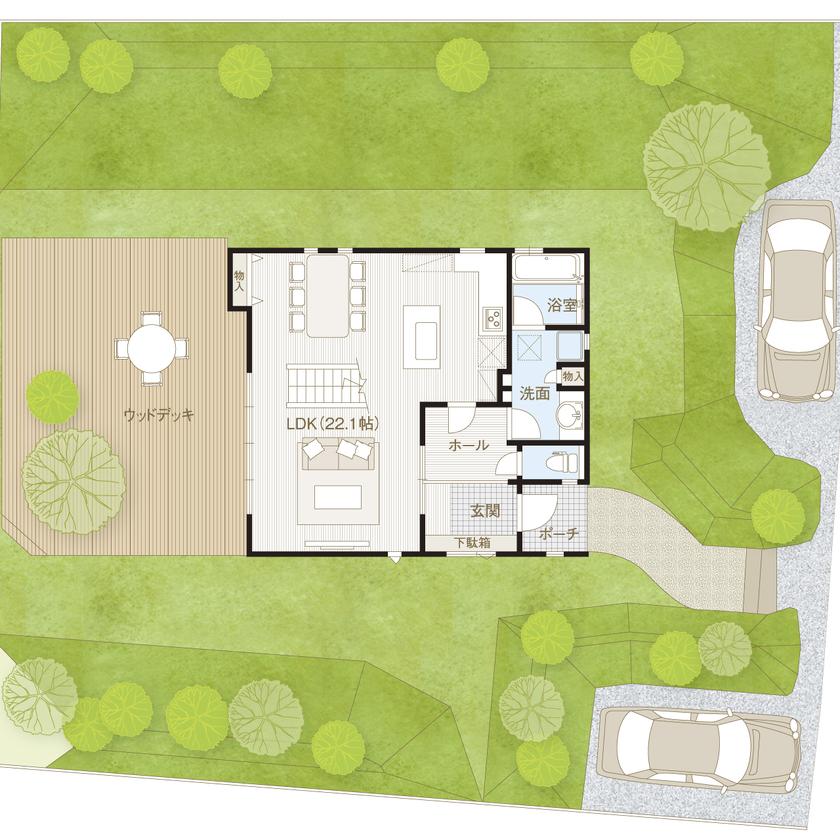 野村工務店 四方を庭に囲まれ、まるで森の中に佇むような住まい。約24畳のウッドデッキで豊かな自然を満喫するの間取り図（3LDK+WIC）1階