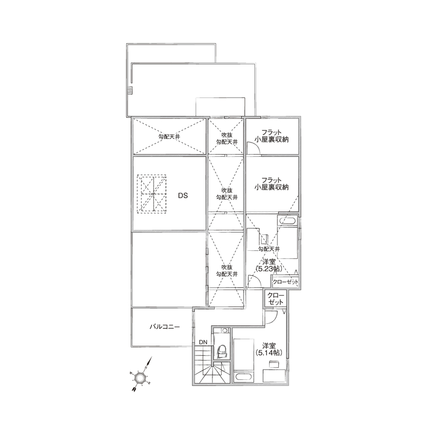 野村工務店 「光の回廊」や「中庭」を設計。都心の北西だけに開けた土地に建つ、たっぷりの光を取り込む家の間取り図（4LDK＋小屋裏収納）2階