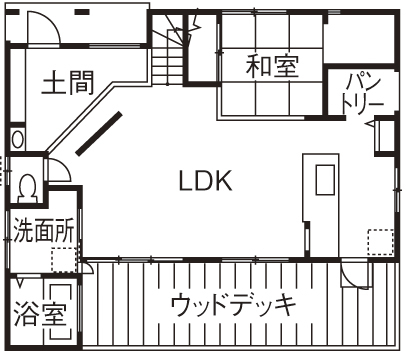 KASHII DESIGN HOME / 香椎建設 【間取り図有/2000～2499万円/土間/４LDK】キッチンからもリビングからも愛車が見える、扉のない間取りの家の間取り図（4DK）１階