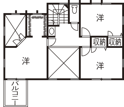 KASHII DESIGN HOME / 香椎建設 【間取り図有/2000～2499万円/土間/４LDK】キッチンからもリビングからも愛車が見える、扉のない間取りの家の間取り図（4DK）２階
