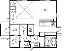 KASHII DESIGN HOME / 香椎建設 【間取り図有/ヌック/3LDK】白木の造作カウンターキッチン。コンパクトな間取りがフィットする正方形の家の間取り図（3LDK）1階