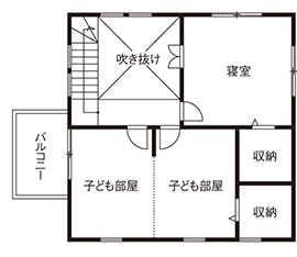KASHII DESIGN HOME / 香椎建設 【間取り図有/ヌック/3LDK】白木の造作カウンターキッチン。コンパクトな間取りがフィットする正方形の家の間取り図（3LDK）2階