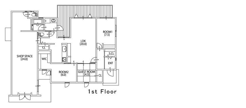 KASHII DESIGN HOME / 香椎建設 【2000～2499万円/平屋/店舗付き住宅/3LDK】真っ白な漆喰が映える。アメリカンスタイルのスイーツショップの間取り図（3LDK）