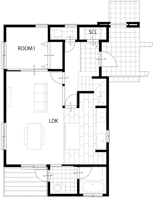 KASHII DESIGN HOME / 香椎建設 【間取り図有/2160万円/4LDK/漆喰】白い漆喰の壁とモノトーンの建具が特徴。経年変化を楽しむ家の間取り図（4LDK）1階