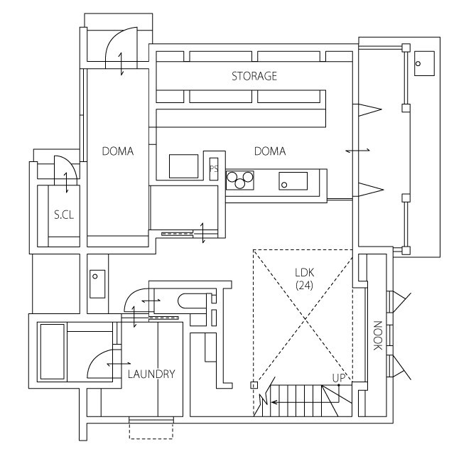 KASHII DESIGN HOME / 香椎建設 【間取り図有/3LDK/39.8坪】外観も内観もこだわりがいっぱい！「simple雑貨店」がテーマの土間の家の間取り図（3LDK＋小屋裏収納　）1階