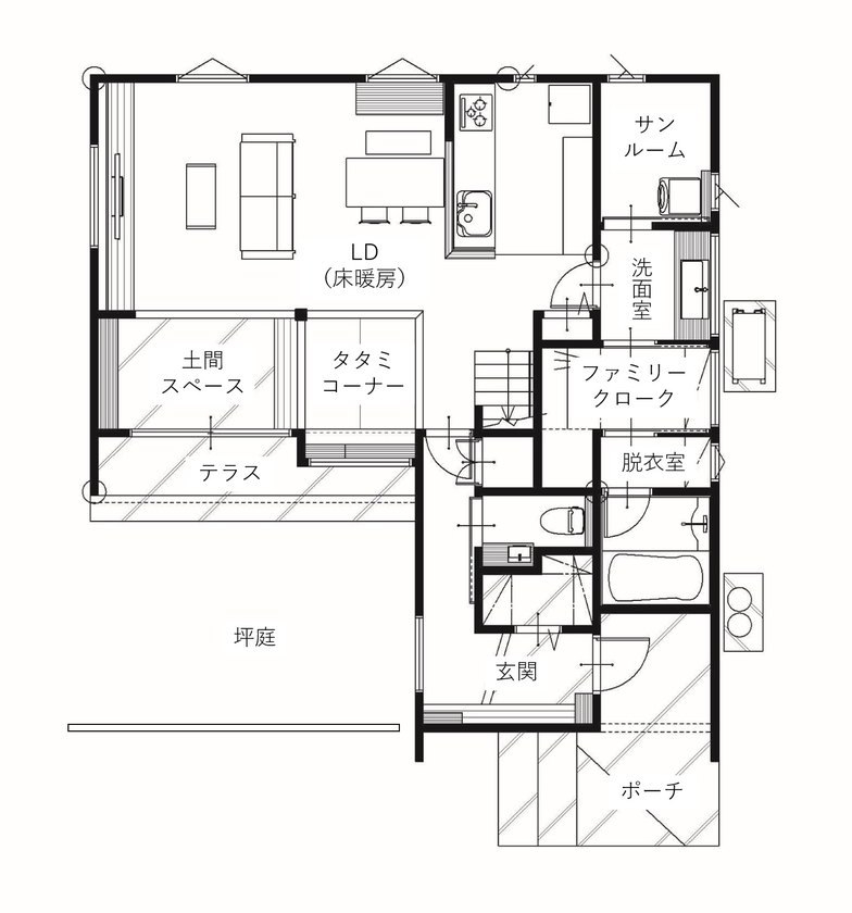 オダケホーム 和洋折衷と伝統工芸でレトロな趣を演出の間取り図（3LDK）1階