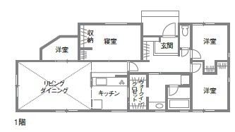 コーヨーテック＜無添加住宅＞ 【無添加住宅/兵庫県加古郡/2000万円台】三角形の土地を活かした、可愛い平屋のお家の間取り図（4LDK）１階