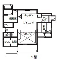 コーヨーテック＜無添加住宅＞ 【無添加住宅/兵庫県赤穂市/2000万円台】オープンキッチンを囲んで集う大きな吹抜けのある住まいの間取り図（3LDK）１階