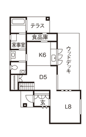 リブート 【秦野市｜2人暮らし｜ウッドデッキ】大きな窓で森の中にいるような開放感 こだわりのキッチンがある家の間取り図null1階
