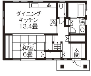 リブート 【秦野市｜4人家族｜3LDK】天窓や小上がりとワクワクいっぱい キッチンに家族が集まる住まいの間取り図（3LDK）1階