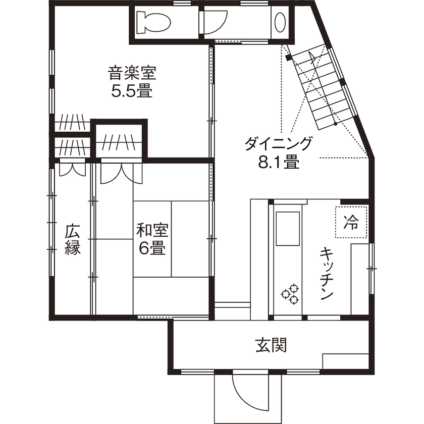 リブート 【町田市│4DK＋ロフト│自然素材】１階と２階で異なる世界感を描き、理想をカタチにした音楽室のある家の間取り図（4DK）1階