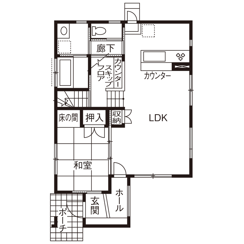 デキノヤホーム 【2000万円台／4LDK+サンルーム／スキップフロア】洋と和の世界が広がる、木を贅沢に使った心地よい住まいの間取り図（4LDK）1階