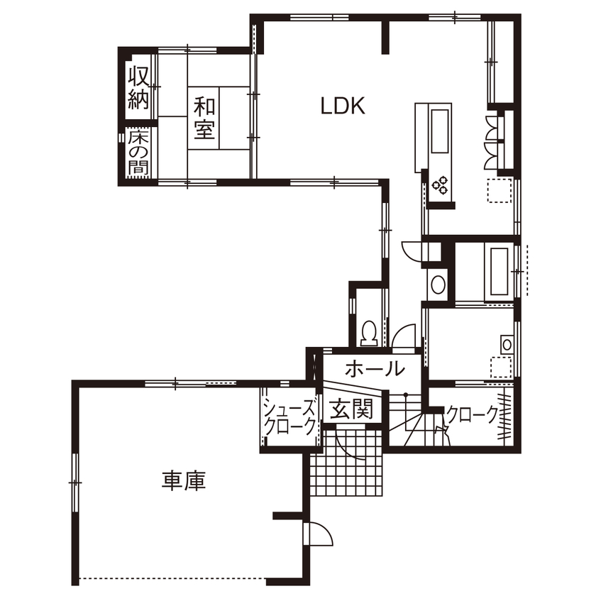デキノヤホーム 【3000万円台/4LDK+中庭/ガレージ】バーベキューを楽しむなどライフスタイルが広がる中庭のある住まいの間取り図（4LDK）1階