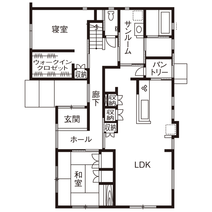 デキノヤホーム 【2000万円台/4LDK+サンルーム/太陽光発電】1階で生活が完結できる間取り。省エネで長く快適に暮らせる家の間取り図（4LDK＋サンルーム）1階