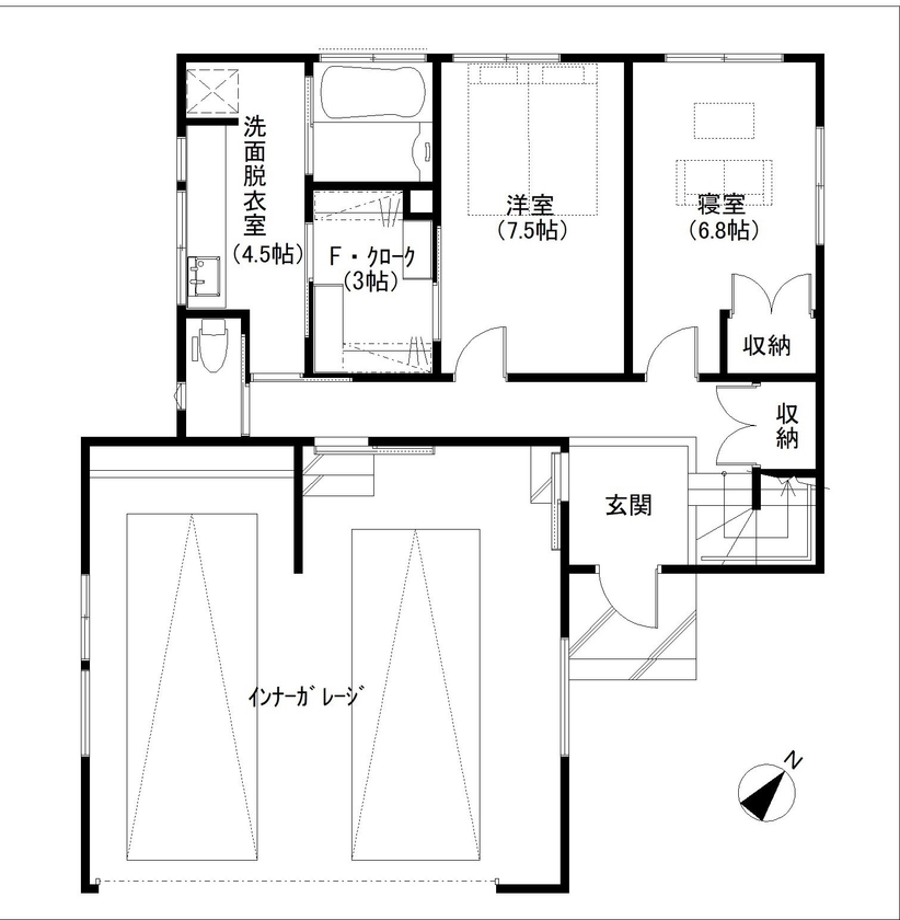 デキノヤホーム 【小矢部市/2LDK/43坪】開放感あふれる2階リビング＆屋上テラスの間取り図（2LDK）1階