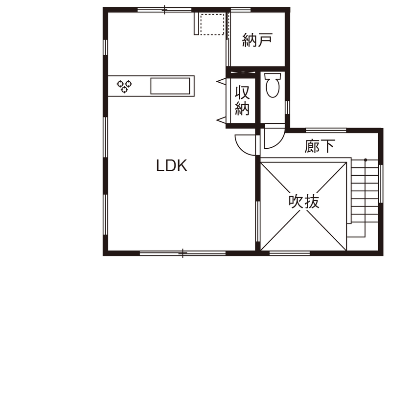 デキノヤホーム 【小矢部市/2LDK/43坪】開放感あふれる2階リビング＆屋上テラスの間取り図（2LDK）2階