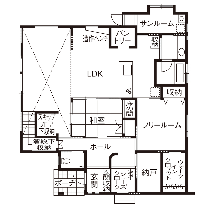 デキノヤホーム 【4000万円台/60坪/4LDK+スキップフロア/サンルーム】ブラックウォールナットの無垢材を使用した上質な家の間取り図（4LDK）1階