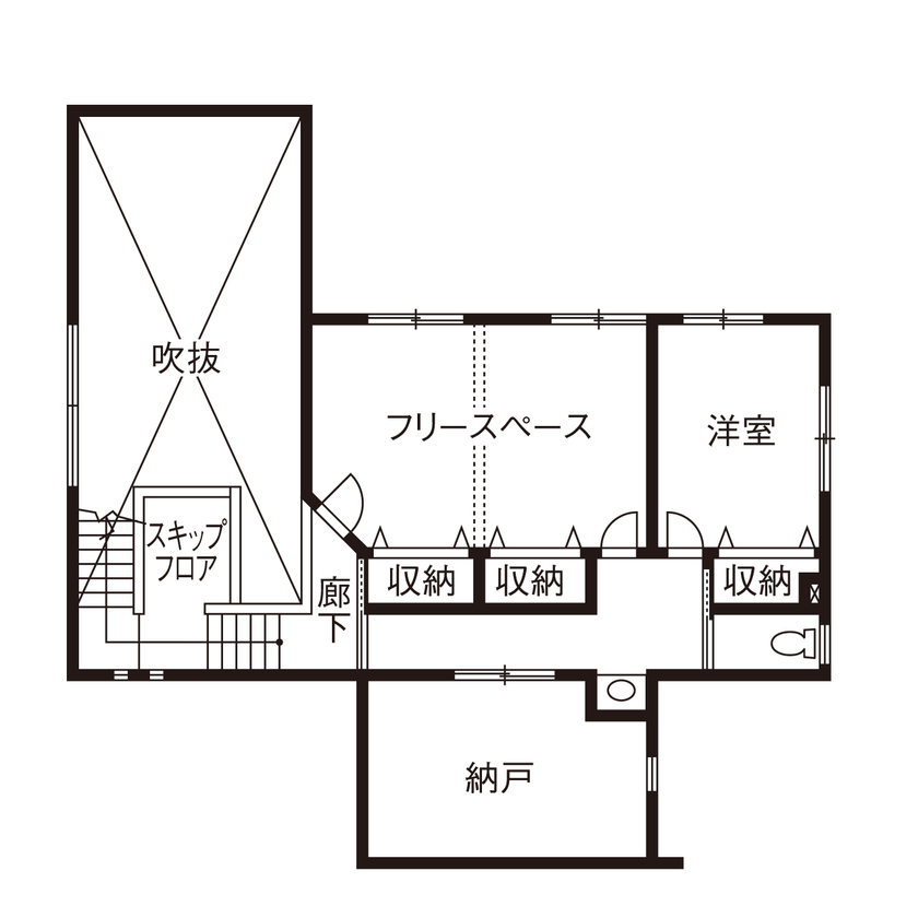 デキノヤホーム 【4000万円台/60坪/4LDK+スキップフロア/サンルーム】ブラックウォールナットの無垢材を使用した上質な家の間取り図（4LDK）2階