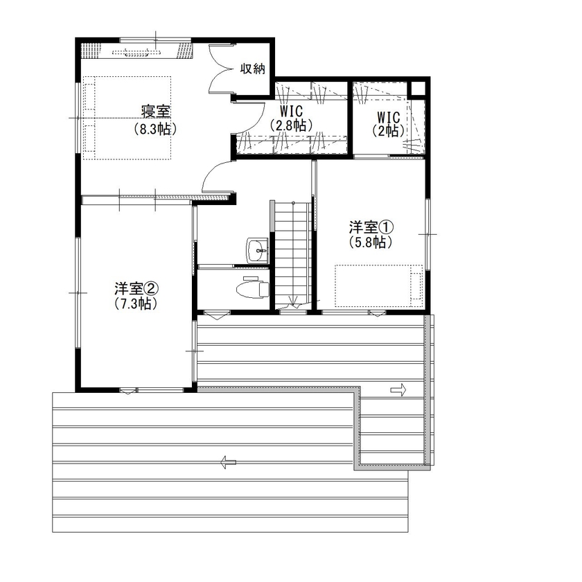 デキノヤホーム 【高岡市/4LDK/41.2坪/間取り図あり】シャキッとしたベースに少し「かわいい」が入ったお家の間取り図（4LDK）２階
