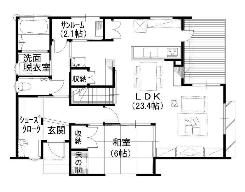 デキノヤホーム 【2000万円台前半/小矢部市/4LDK/42.8坪】　家事動線にこだわった家の間取り図（4LDK）１階