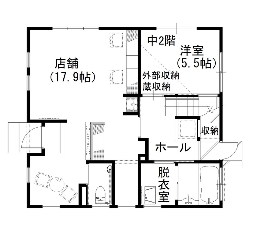 デキノヤホーム 【富山市/4LDK+店舗/34.4坪/間取り図有】　フレンチイタリアンな店舗併用住宅の間取り図（4LDK）１階
