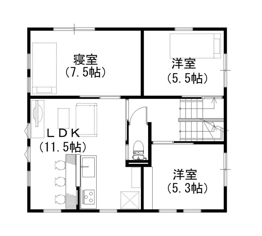 デキノヤホーム 【富山市/4LDK+店舗/34.4坪/間取り図有】　フレンチイタリアンな店舗併用住宅の間取り図（4LDK）２階