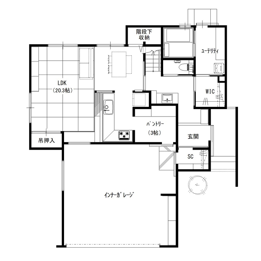 デキノヤホーム 【2,000万円台後半/下新川郡/47.4坪/4LDK＋インナーガレージ】　間取り図有の間取り図（4LDK）1階
