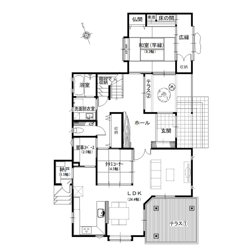 デキノヤホーム 【3,000万円台後半/射水市/56.1坪/4LDK】　テラスが2つある和モダンな家の間取り図（4LDK）1階