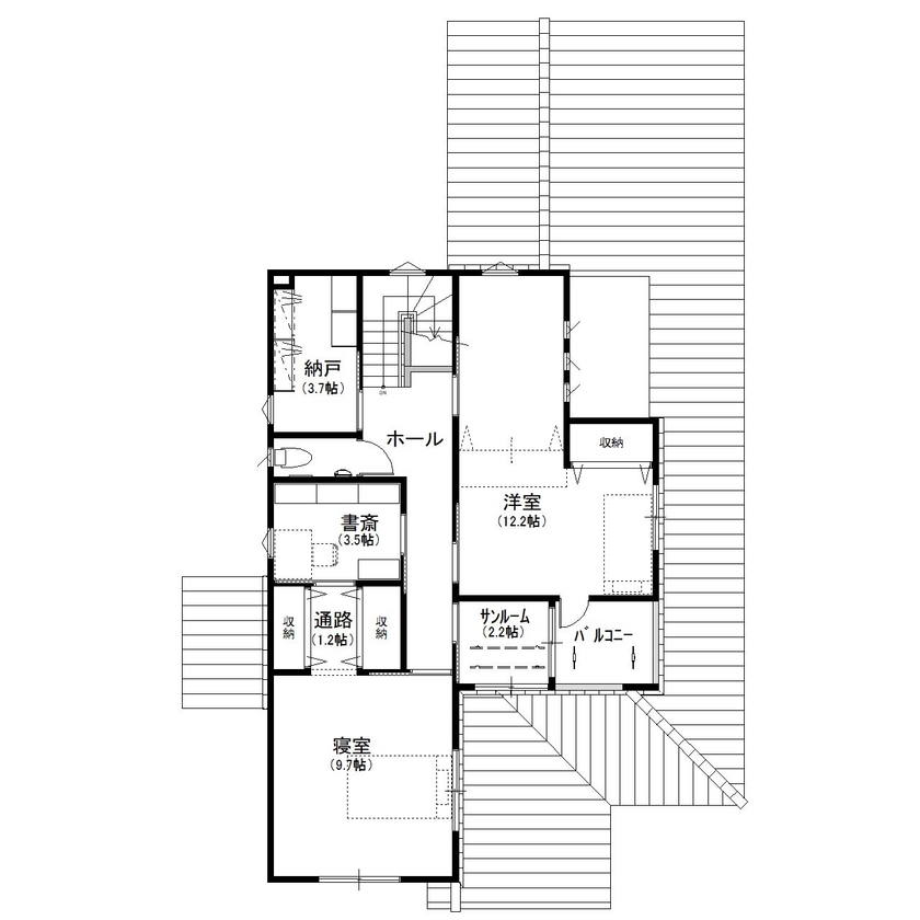 デキノヤホーム 【3,000万円台後半/射水市/56.1坪/4LDK】　テラスが2つある和モダンな家の間取り図（4LDK）2階