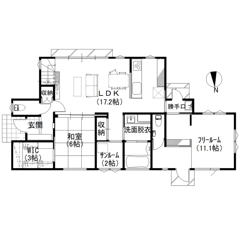デキノヤホーム 【2,000万円台前半/高岡市/2LDK+フリールーム/36.9坪】 大きな吹抜けのあるオシャレな家の間取り図（2LDK+フリールーム）1階