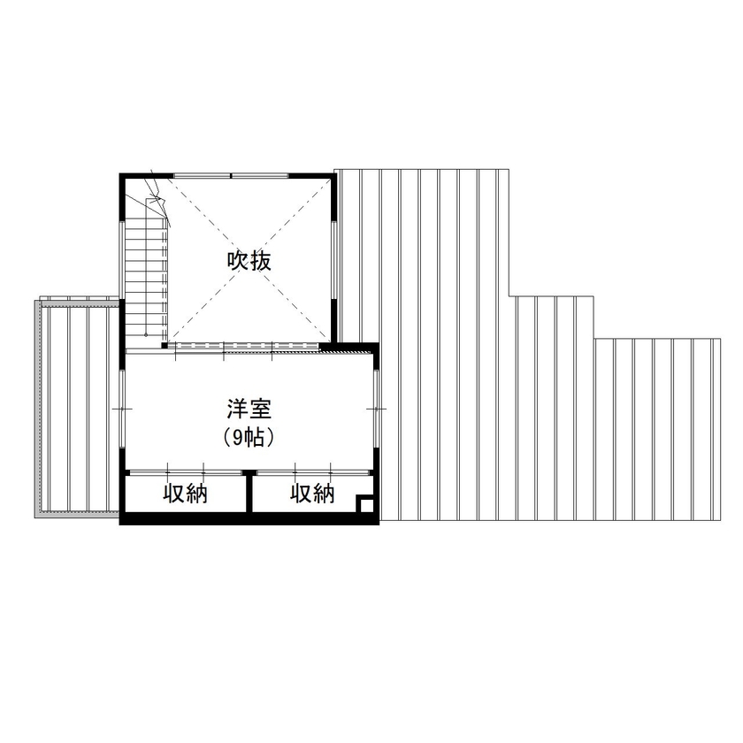 デキノヤホーム 【2,000万円台前半/高岡市/2LDK+フリールーム/36.9坪】 大きな吹抜けのあるオシャレな家の間取り図（2LDK+フリールーム）2階