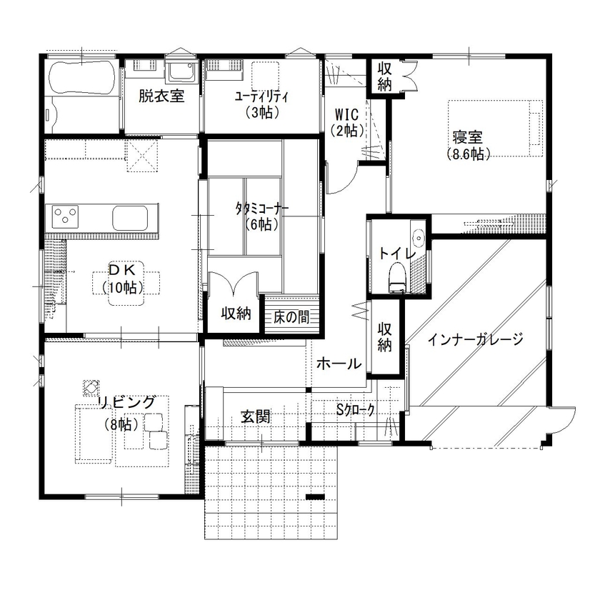 デキノヤホーム 【高岡市/31.9坪/２LDK+インナーガレージ/平屋】　インナーガレージのある勾配天井の平屋の家の間取り図（2LDK）1階