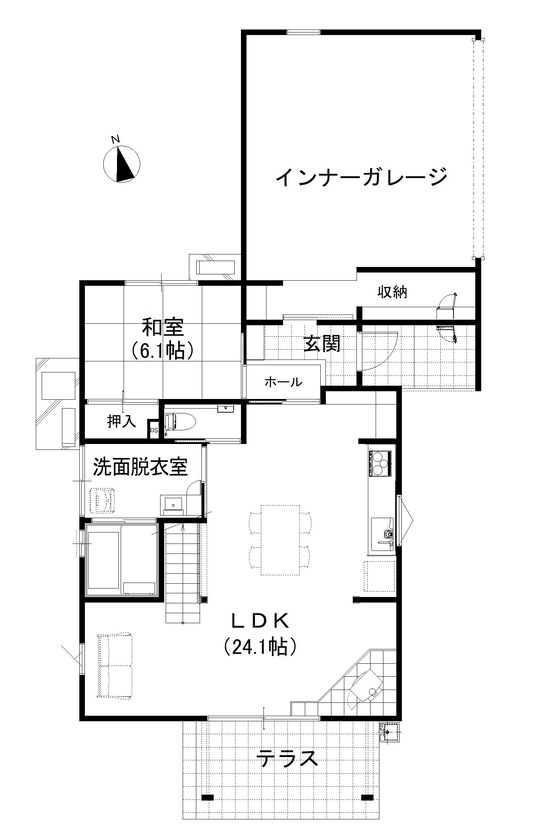 デキノヤホーム 【3LDK+インナーガレージ/吹抜け/40.4坪】 　木の心地よさを感じる家の間取り図（3LDK）1階