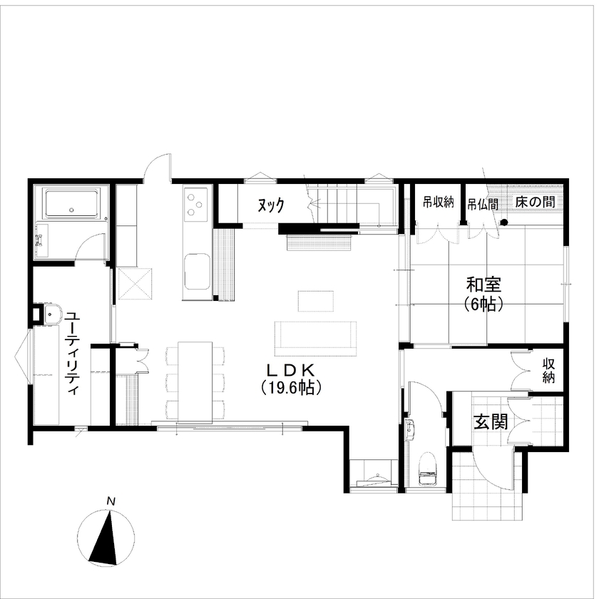 デキノヤホーム 【富山市/4LDK/38坪】オシャレな照明や小物を取り入れた家の間取り図（4LDK）1階
