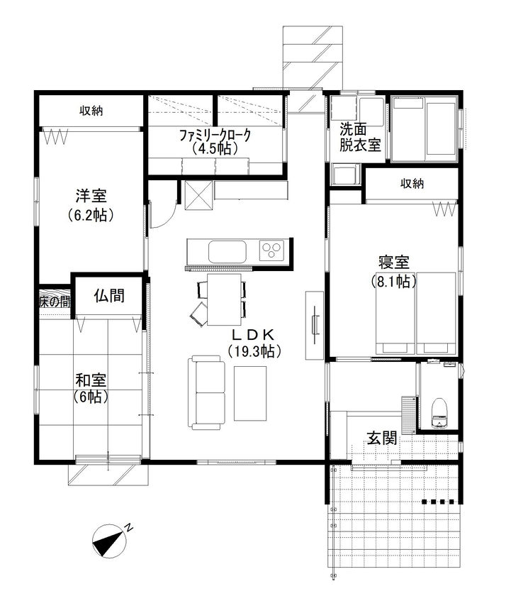 デキノヤホーム 【平屋/29.69坪/3LDK】　ペットと楽しく暮らす平屋の家の間取り図（3LDK）1階
